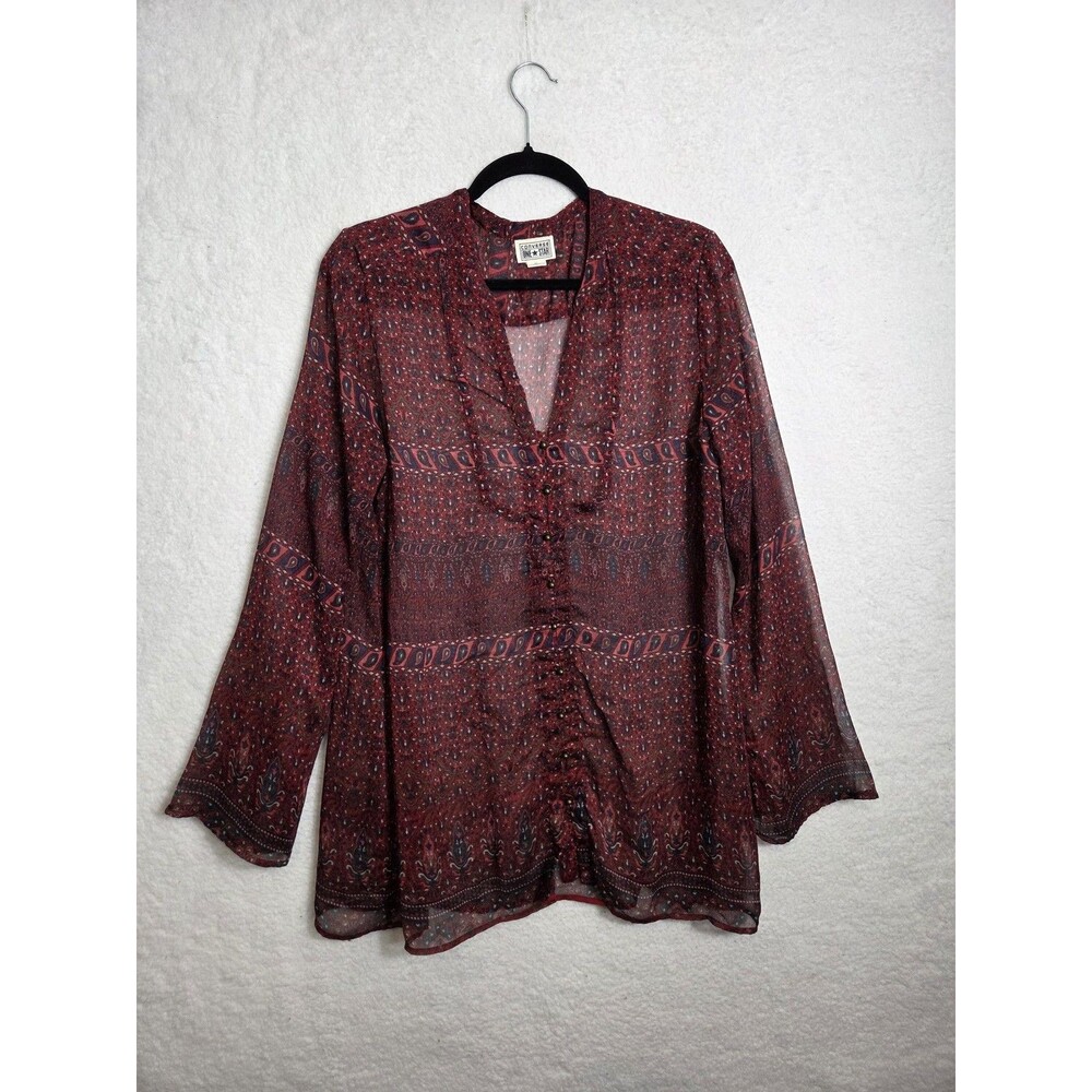 Womens Boho Paisley Tunic Blouse XL Red Lightweight Sheer Button Bell Sleeve Top